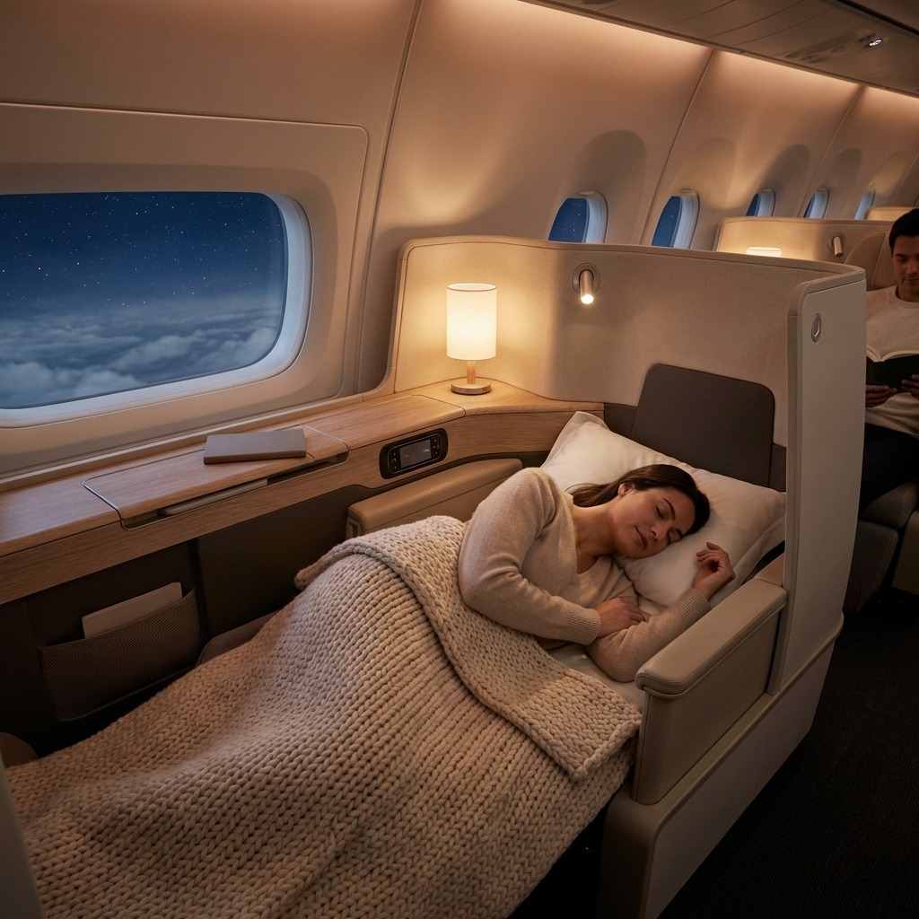 Premium economy cabin with wider seats and extra legroom on a long-haul flight