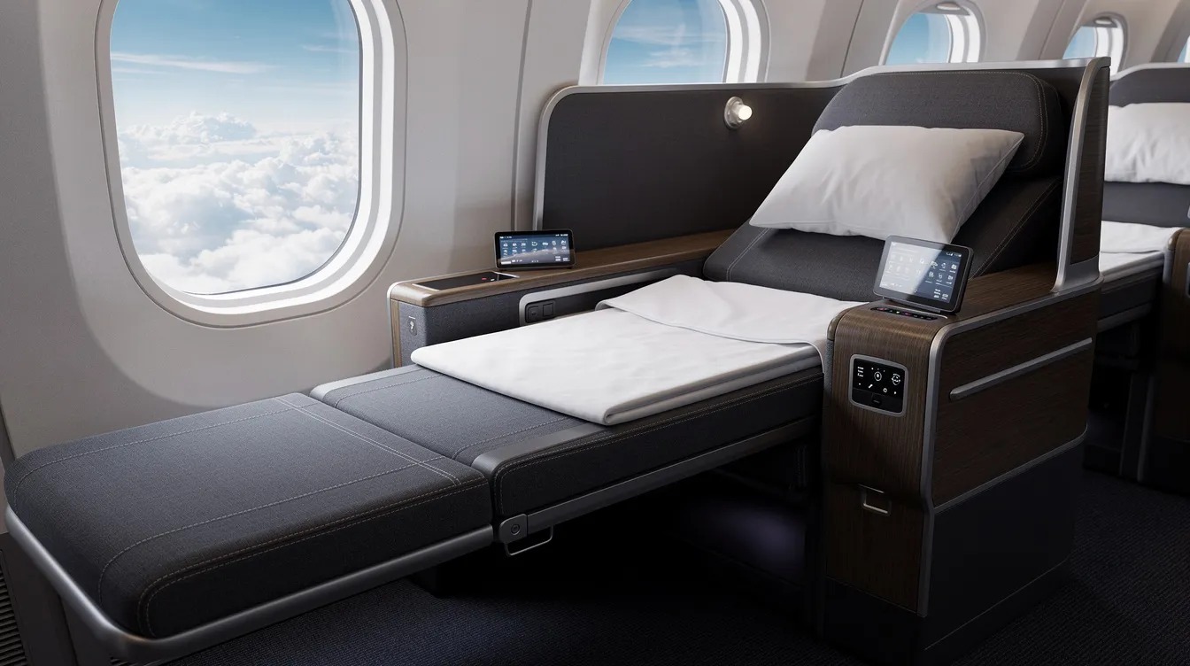 Airplane cabin seats viewed from the aisle showing business class pods