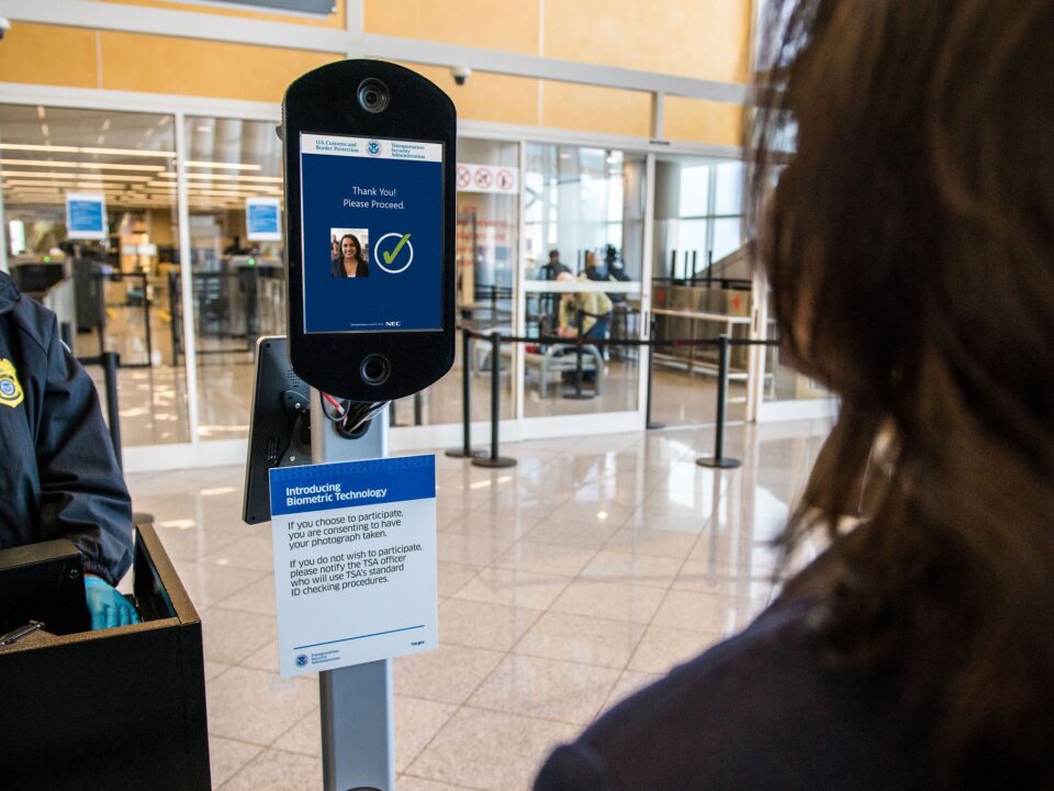 Traveler using TSA facial-recognition biometric screening at the airport
