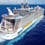 Aerial view of a large Royal Caribbean cruise ship sailing at sea