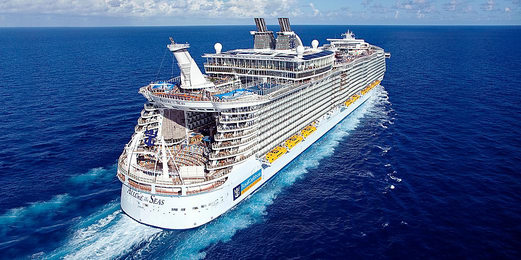 Aerial view of a large Royal Caribbean cruise ship sailing at sea