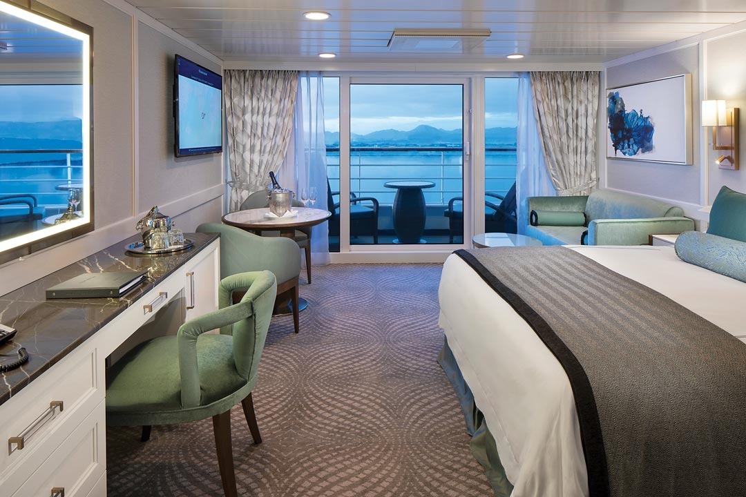 Private balcony veranda on a cruise ship suite at sunset