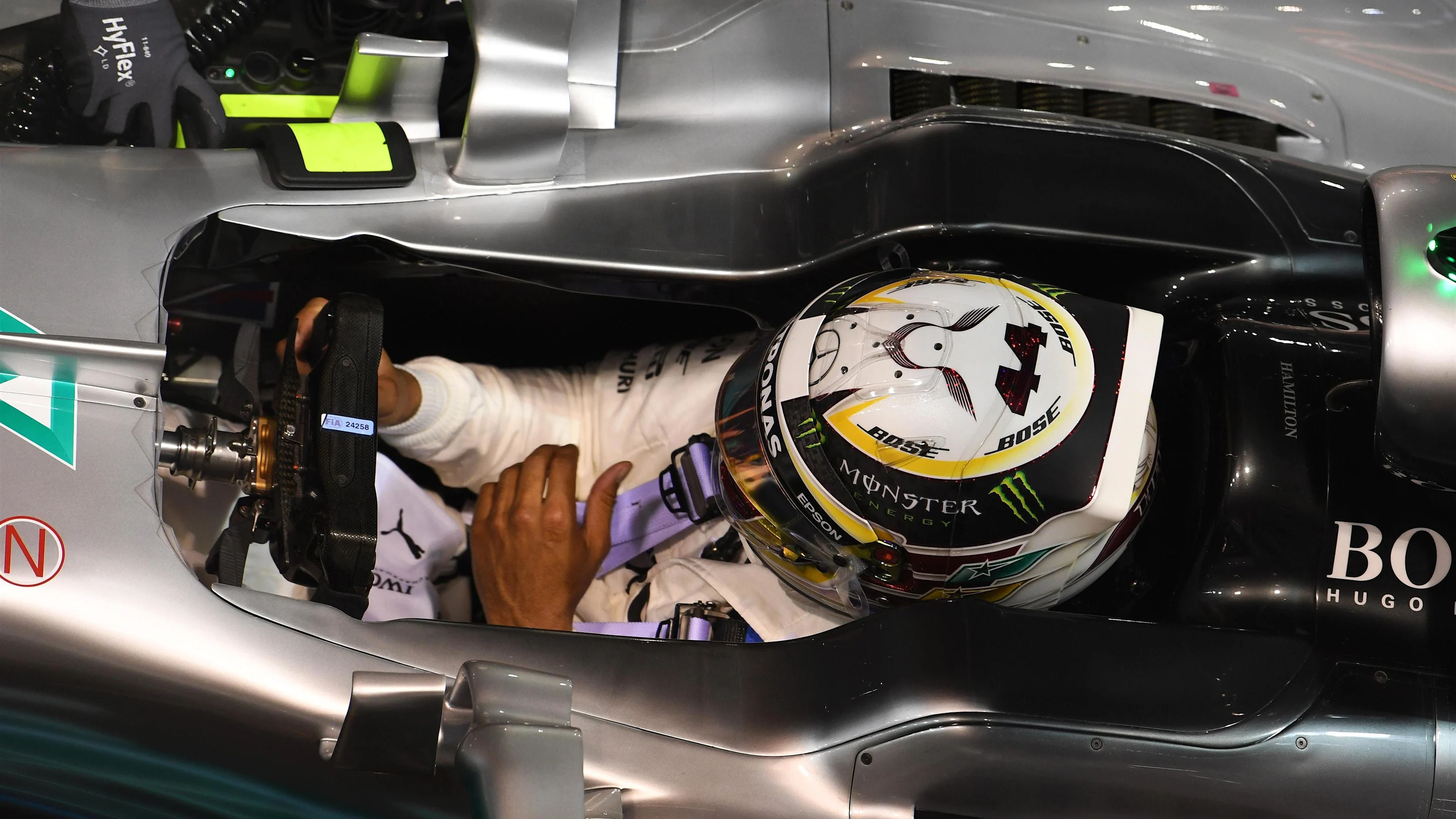 Lewis Hamilton on track at the 2017 Singapore Grand Prix at night