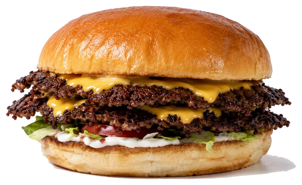 Close-up of a double smashburger with melted cheese