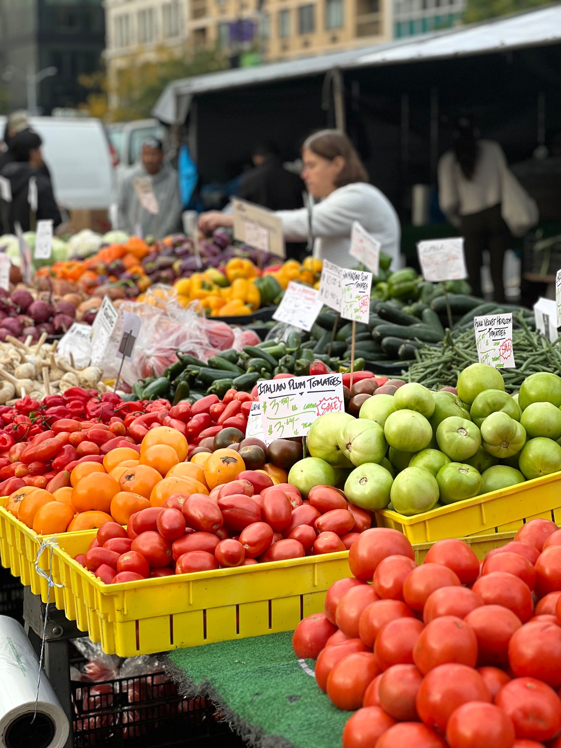 Farmers market stalls with fresh local produce
