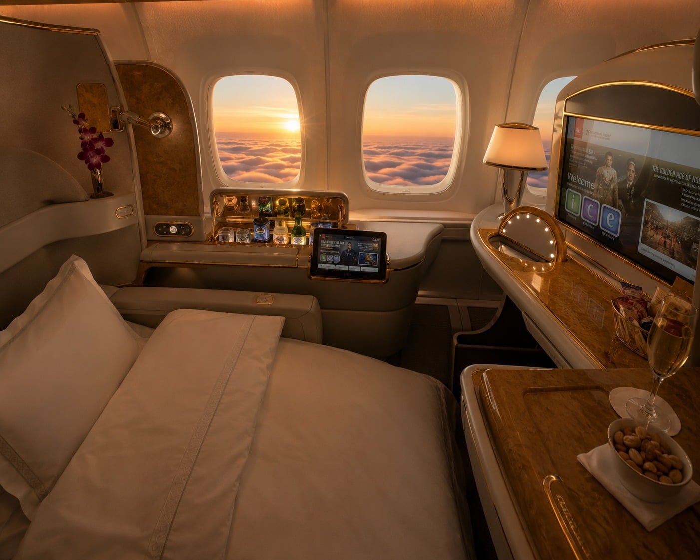 Multi-course gourmet dinner served at a first class seat on a long-haul flight