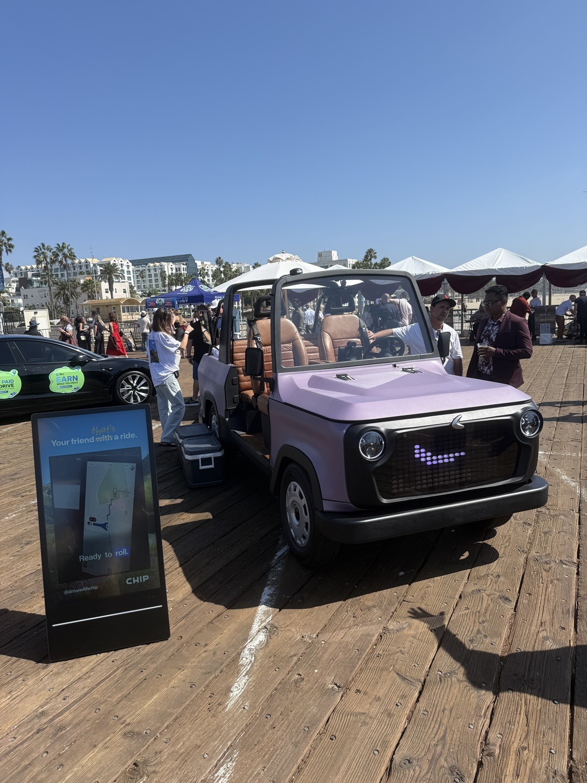 Purple CHIP electric vehicle on display at Hawkefest 2026, Santa Monica Pier