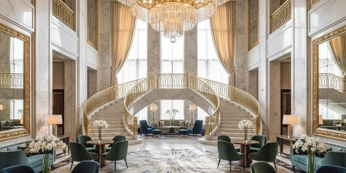 Grand luxury hotel lobby with chandelier and marble columns