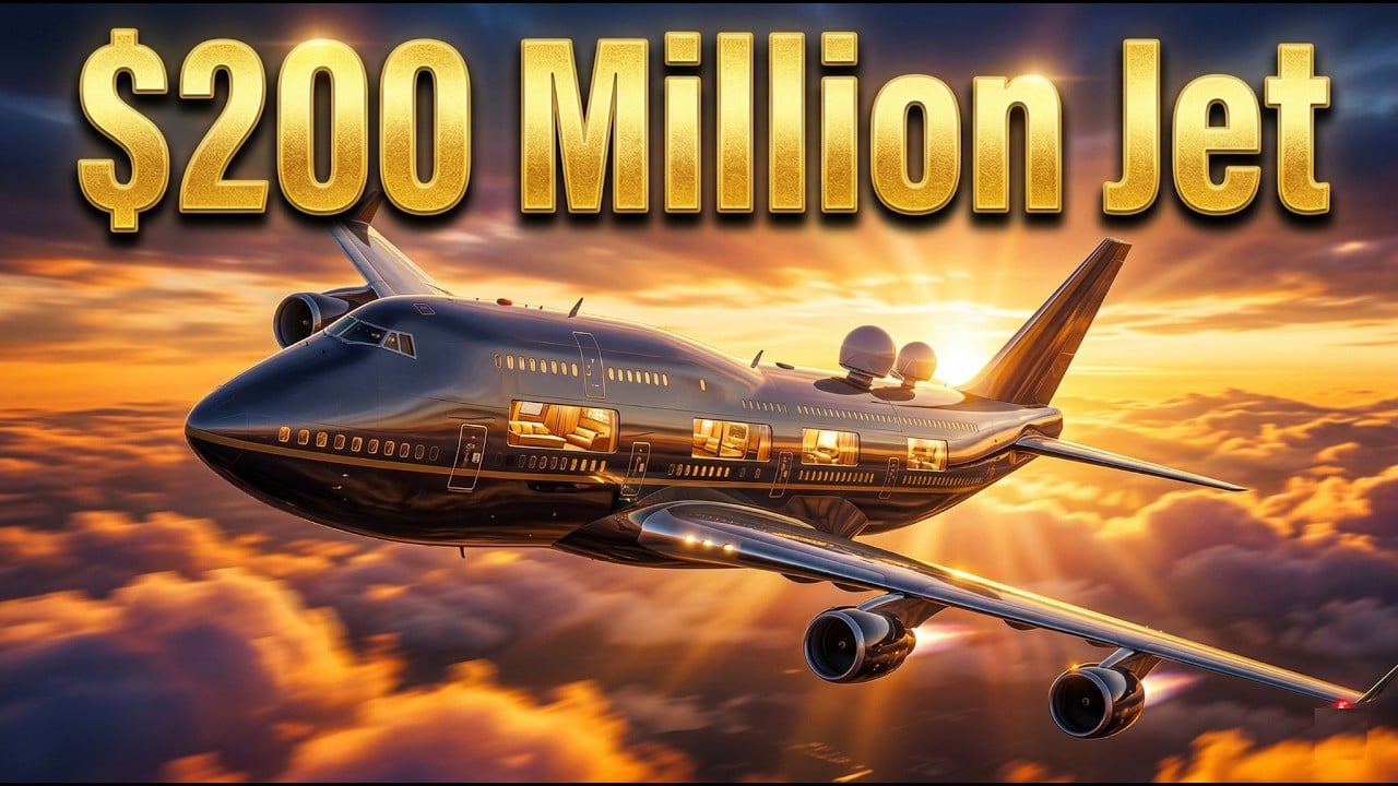Jetonomics video thumbnail: a private jet flying at sunset with golden text reading '$200 Million Jet'