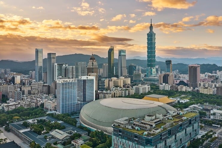 Aerial view of the Taipei Dome complex in Xinyi District with Taipei 101 in the background, home to the newly opened InterContinental Taipei