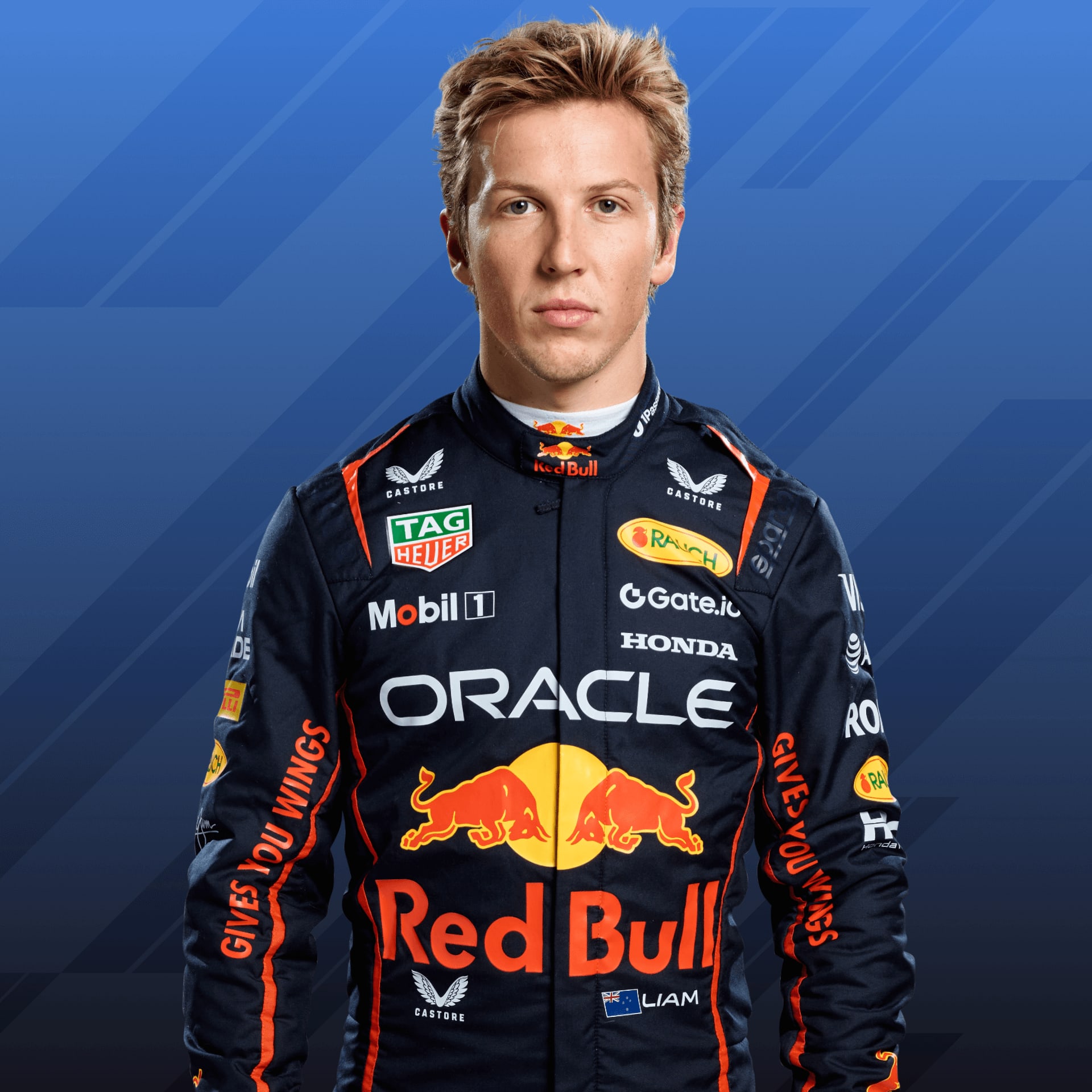 Liam Lawson in his official Formula1.com driver portrait from 2025.