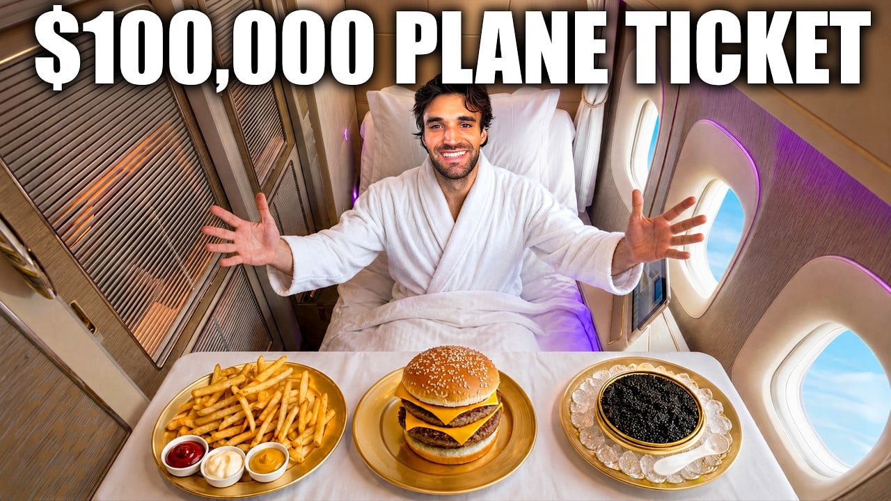 LivingBobby in a white robe inside a first-class suite with gold plates of fries, a double cheeseburger, and caviar