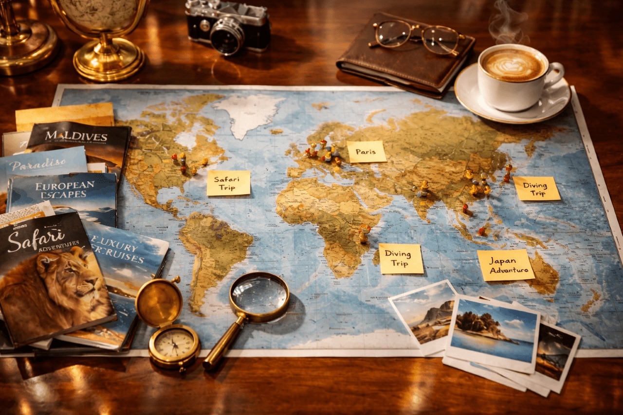 Travel advisor consulting with clients over a map and itinerary plans