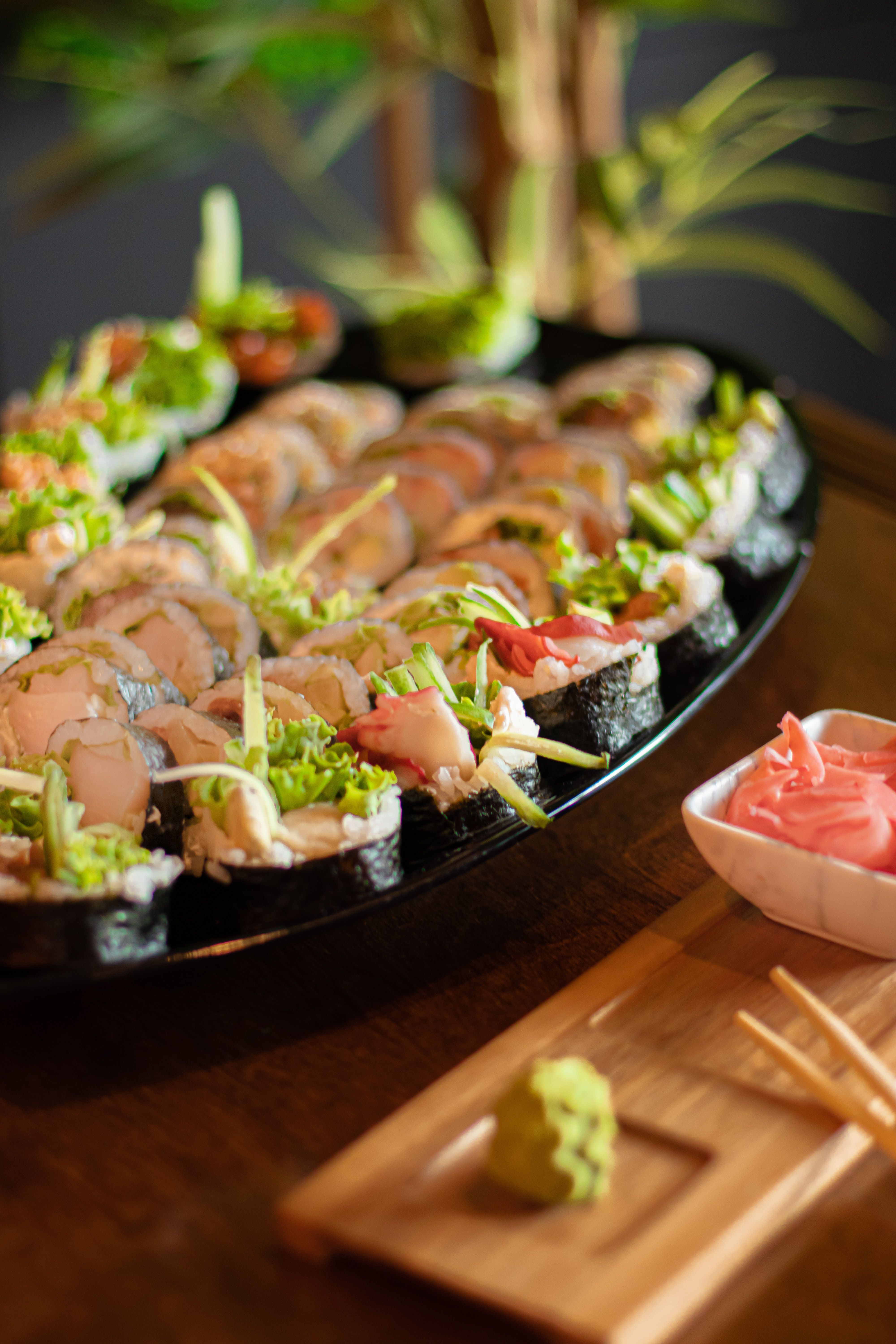 Assorted sushi and maki rolls served on a platter