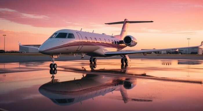 Luxurious private jet cabin interior with leather seats