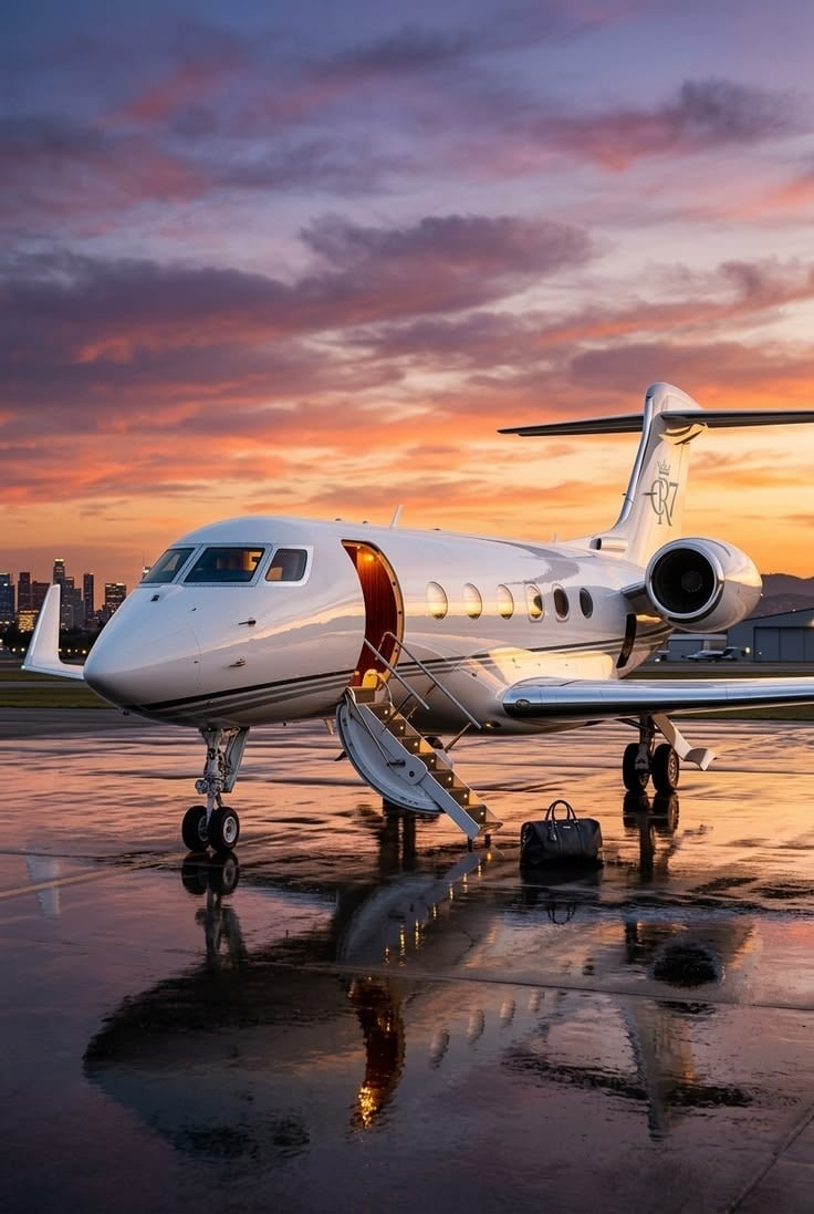 Sleek private jet parked on the tarmac at sunset