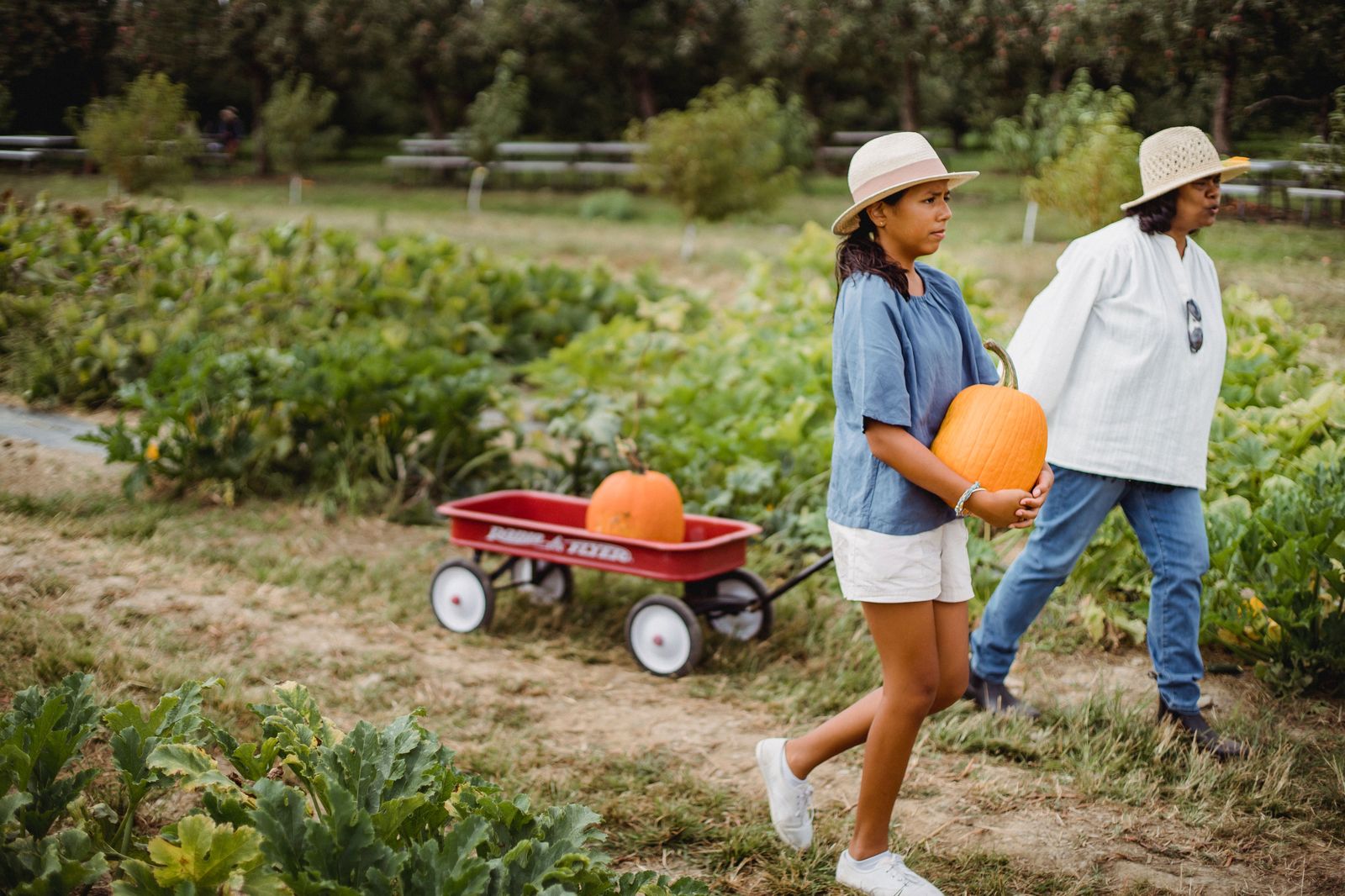 Mother and daughter picking pumpkins together at a family-friendly pumpkin patch near Los Angeles