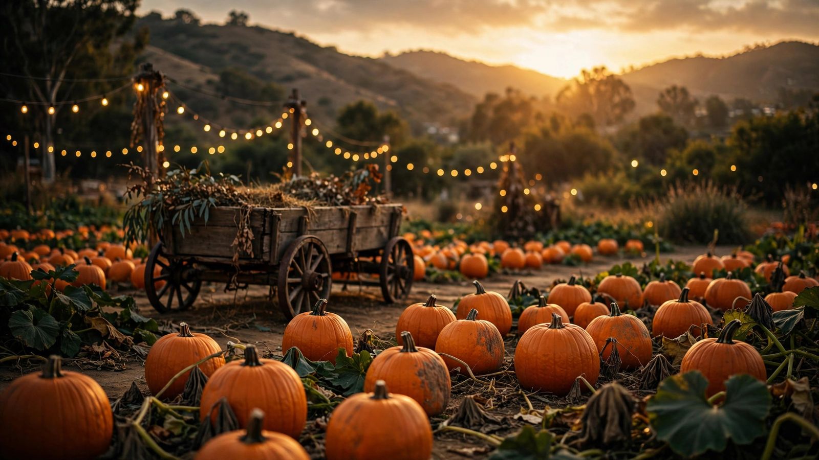 Golden-hour view of a pumpkin patch near Los Angeles with rows of pumpkins, a wooden wagon, and string lights