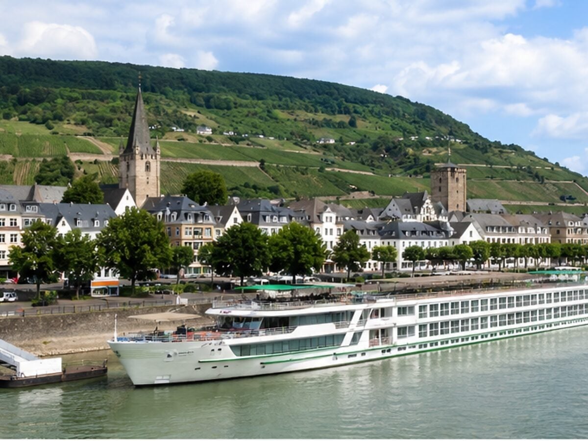 River cruise ship sailing past a historic European riverside town