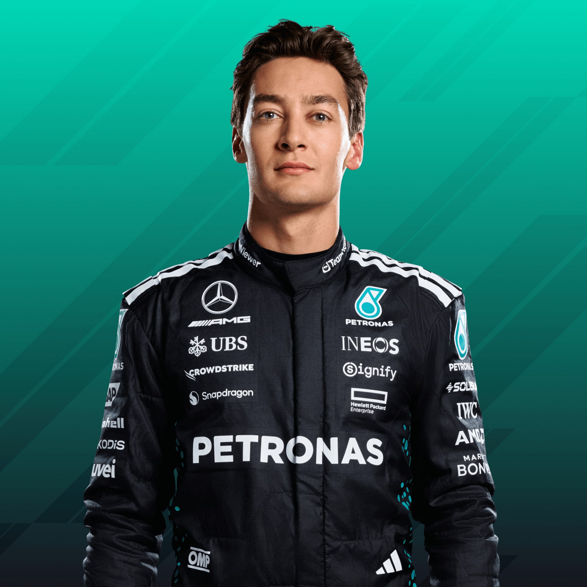 George Russell, Mercedes driver, in his official Formula1.com driver portrait from 2025.