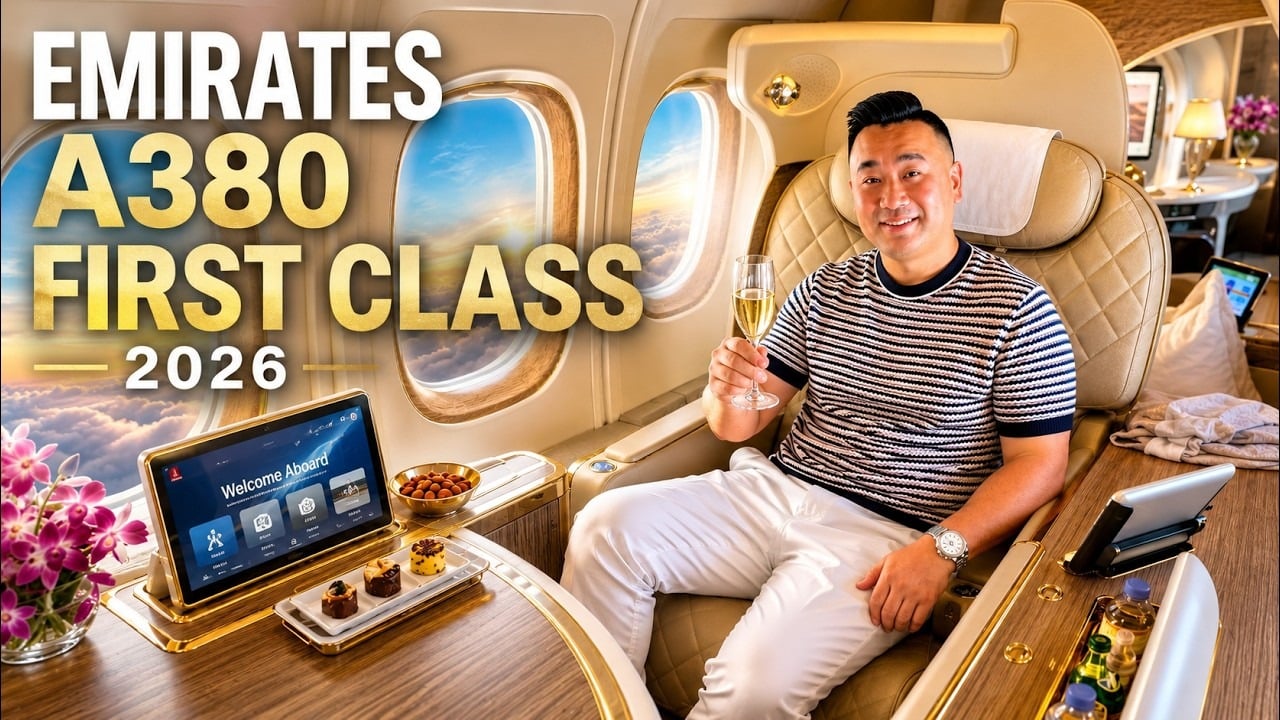Emirates Airbus A380 in flight, featured in Sam Chui's first class review from Dubai to San Francisco