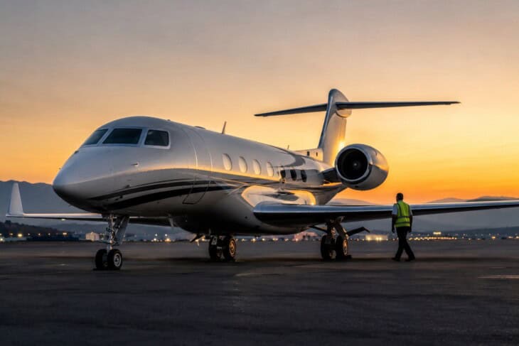 Luxury jet cabin interior with wide leather seats