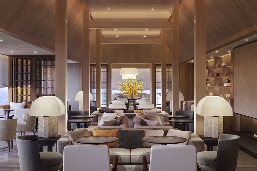 Monogram Lounge at Shilla Monogram Hanoi Westlake, a wood-paneled 35th-floor seating lounge with pendant lamps and banquette seating