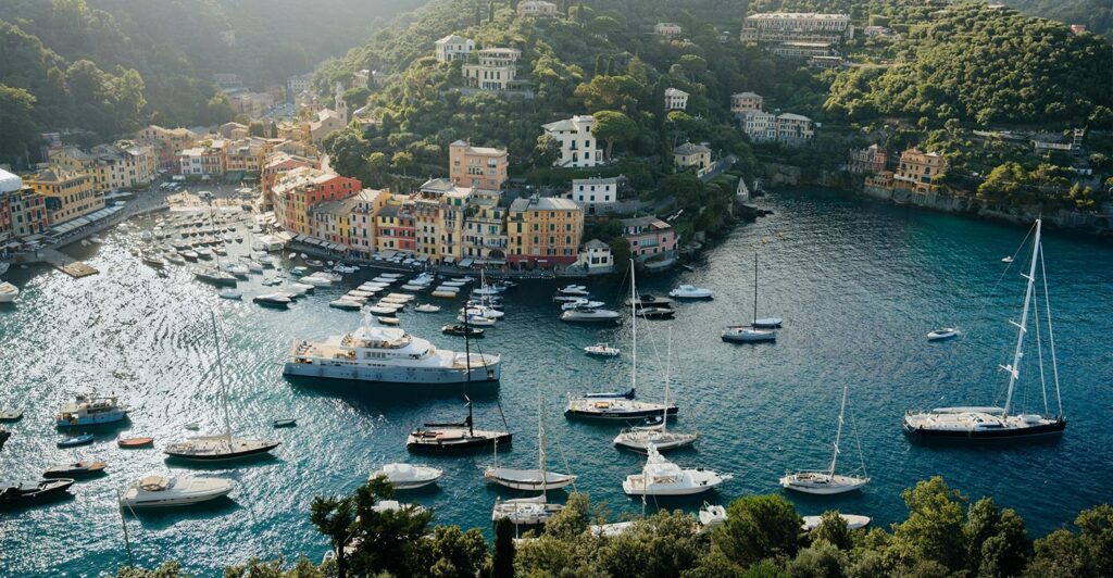 Yachts anchored in Portofino harbor on the Italian Riviera