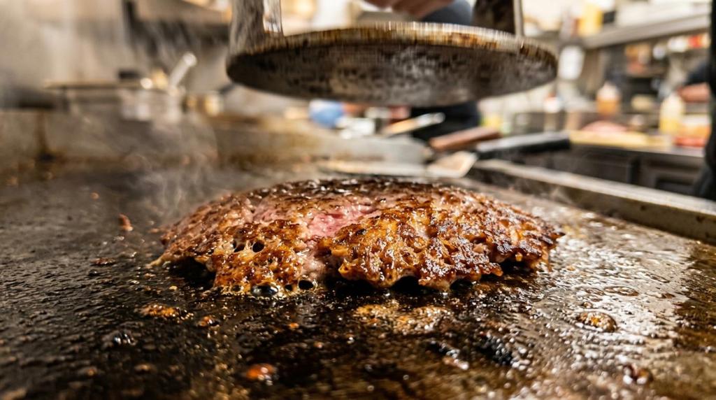 Smash burgers searing on a flat-top griddle at a restaurant