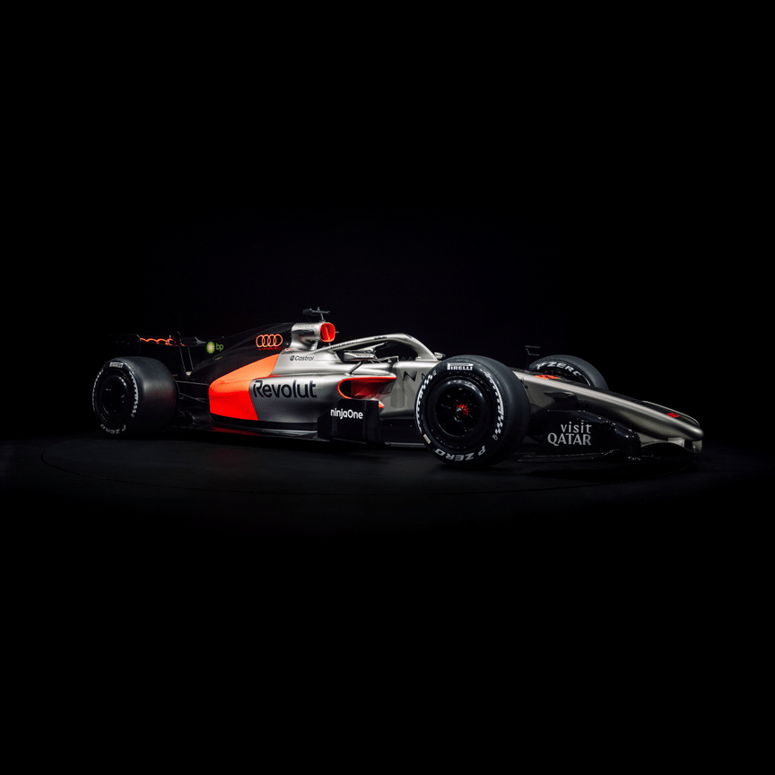 ** Audi's 2026 Formula 1 challenger, the R26, in side profile.